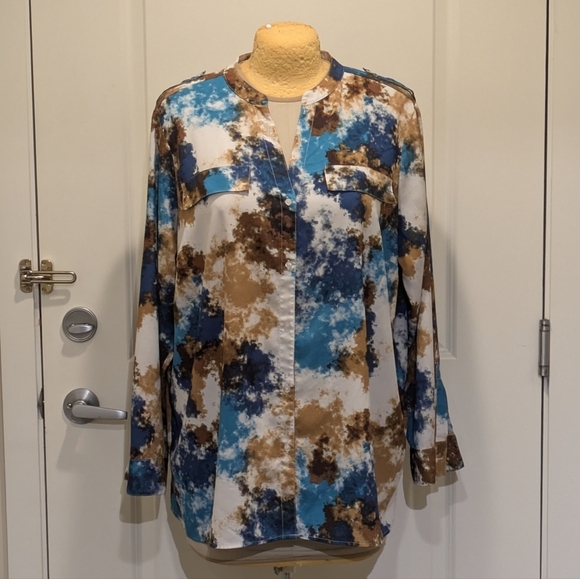 EUC Calvin Klein 3X Turquoise Brown and White Patterned Roll-Up Sleeve Blouse - Picture 2 of 11